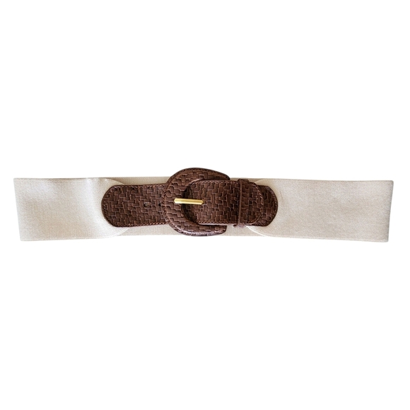 Wide woven brown leather belt stretchy cream strap classic boho summer S/M - Picture 2 of 7